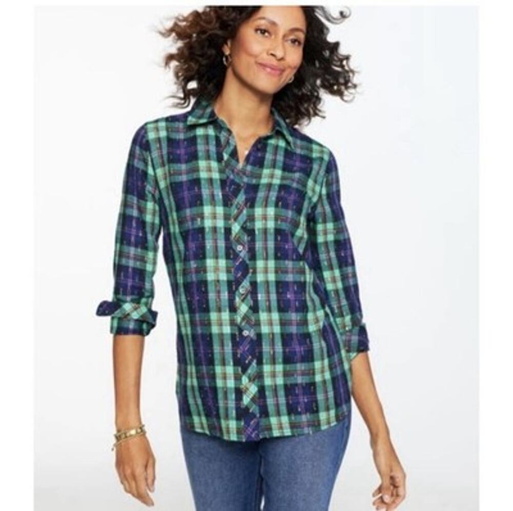 Talbots Metallic Modern Classic Shirt Cheerful Plaid Blue Green Gold NWT Large
